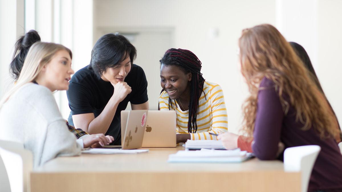 Group of diverse students studying in bright room.